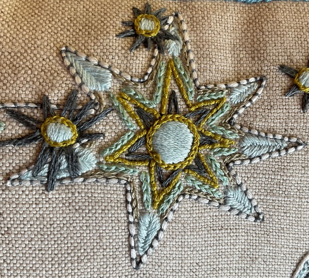 A detail of the comet on the Moon embroidery kit