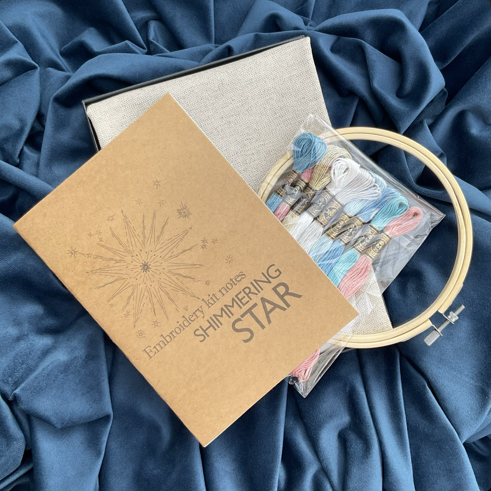 Shimmering Star cushion is a unique embroidery kit made in the UK diy mindful sewing