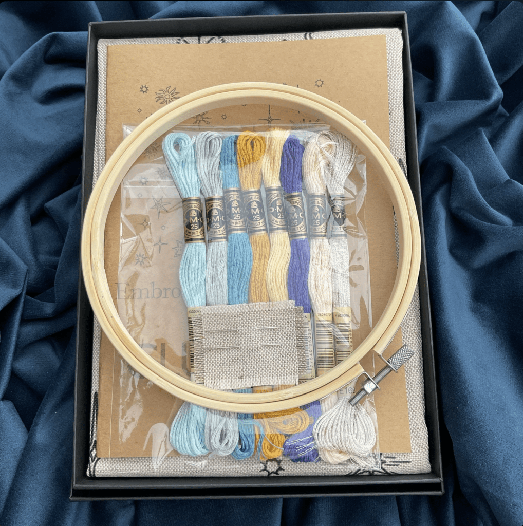 star cluster III embroidery kit by James tovey in blue and yellow learn textile art with this pre printed kit