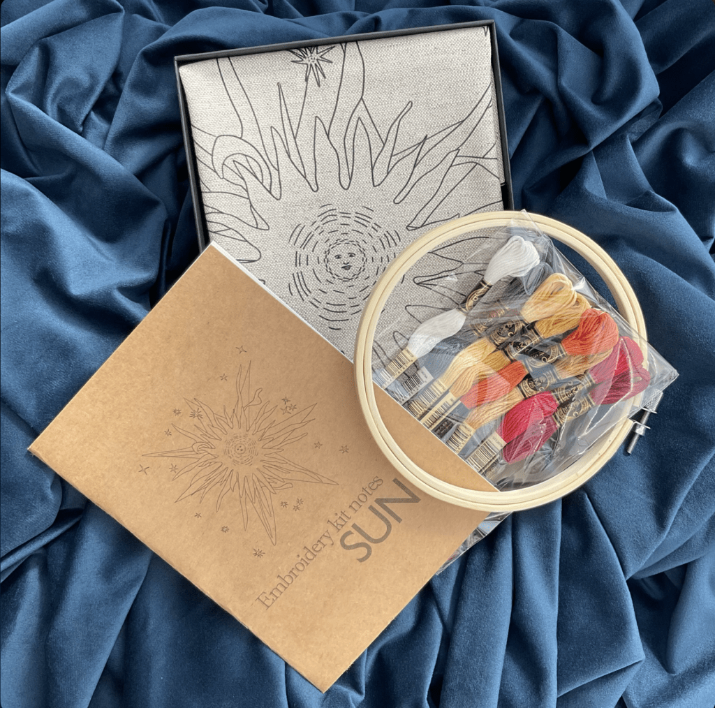Modern sun embroidery kit made in uk for mindful sewing by artist textile james tovey