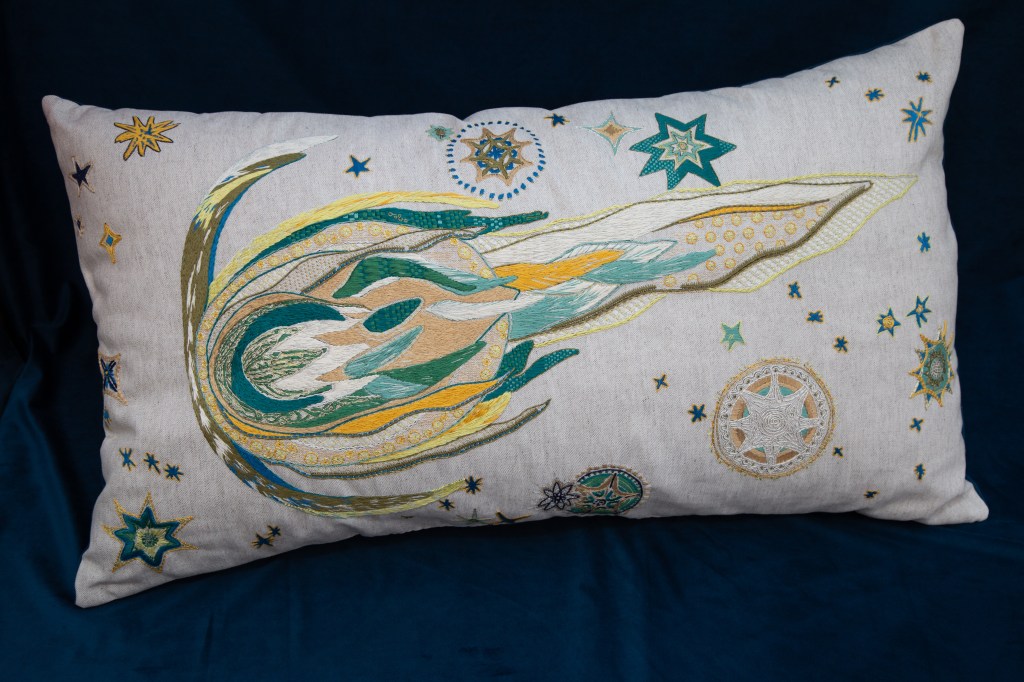 Green comet embroidery kit design by UK artist James Tovey.