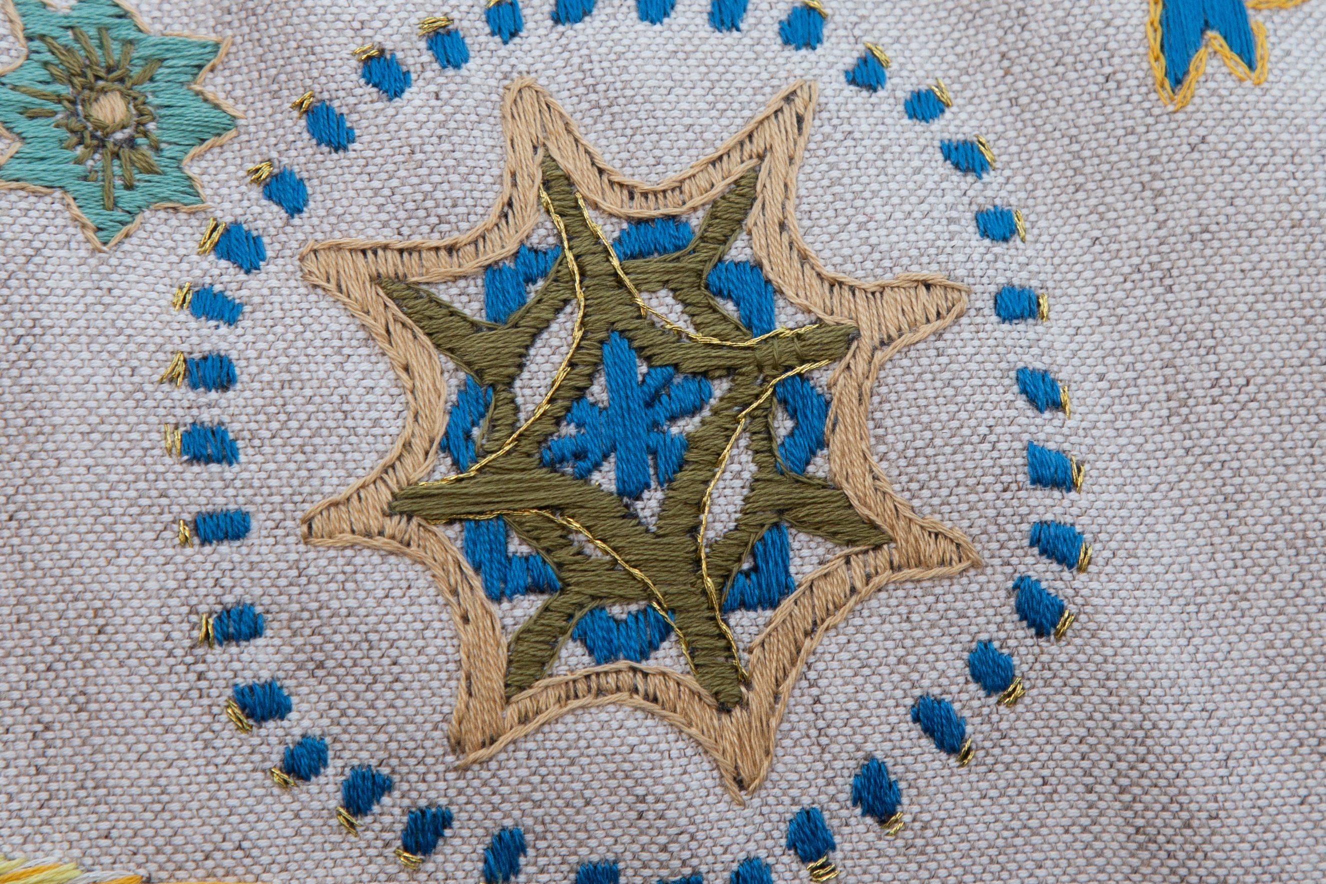 Embroidery stitched mainly in straight stitches - up and down. Simple but lovely