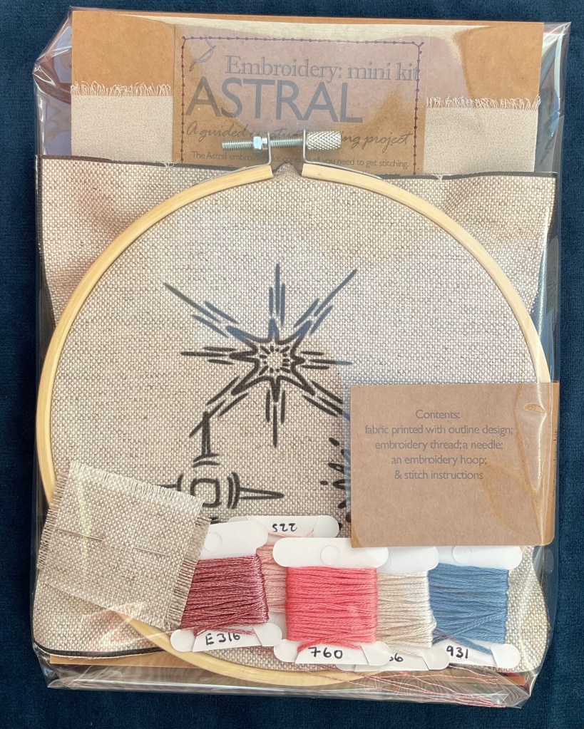 Learn embroidery with space inspired how to kit - a unique beautiful star inspired design in blues and pinks