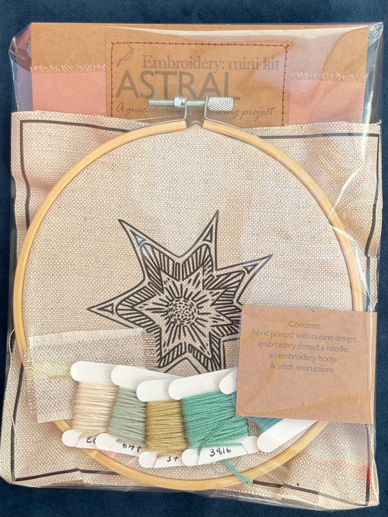 Learn embroidery with space inspired how to kit - a unique beautiful star inspired design n greens and neutral golds